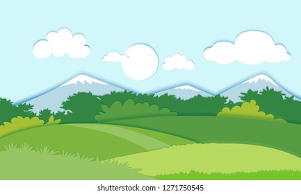 Paper cut style of field landscape, Paper art spring field or Summer landscape with blue sky, panorama flat cartoon on spring, vector illustration. - Vector