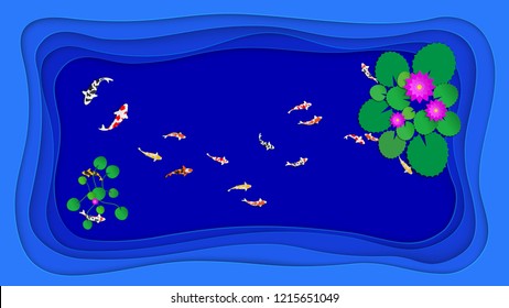 Paper cut style, Fish and lotus in the pond on top view, Vector illustration