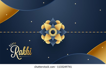 Paper cut style floral rakhi with golden text Happy Rakhi on shiny abstract background for greeting card design.