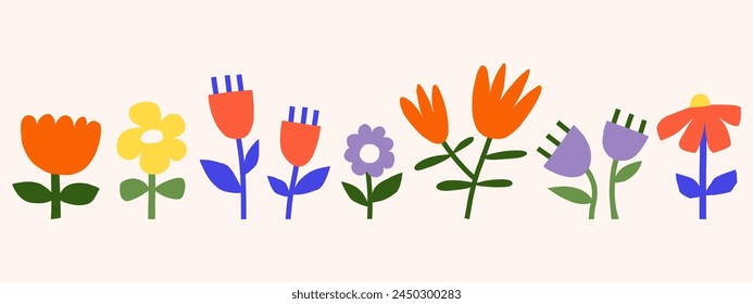 Conjunto de ilustración de flores de estilo de corte de papel. Gráfico de Vector de flores de primavera simples