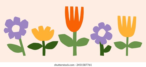 Paper cut style flowers illustration set. Simple spring florals, tulip, daisy vector graphic