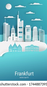 Paper cut style Frankfurt city, white color paper, vector stock illustration. Cityscape with all famous buildings. Skyline Frankfurt city composition for design.