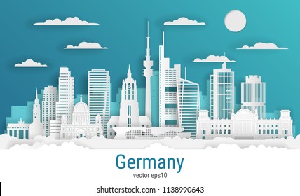 Paper cut style Germany, white color paper, vector stock illustration. Cityscape with all famous buildings. Skyline Germany composition for design svg