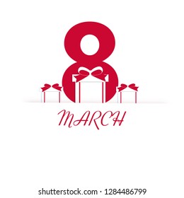 Paper cut style gift boxes with text 8 march on white background for Women's Day celebration greeting card design.