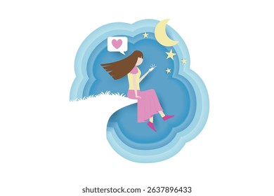 Paper Cut Style Girl Sitting on a Rock Looking at Phone with Heart Emoji
Perfect for themes of digital love, online relationships, social media, solitude, and peaceful reflection. Ideal for greeting