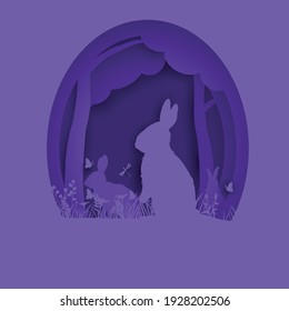 Paper cut style, Happy Easter holiday greeting card.