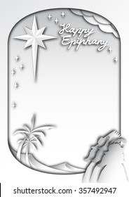 Paper cut style happy epiphany card presenting the three kings looking at the star in the desert