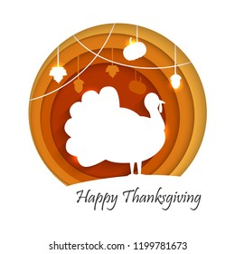 Papierschnitt Stil Happy Thanksgiving-Karte Design mit Putenvogel und hängenden Herbstblätter, Kürbis, Akkorn, Vektorgrafik. Kann als Flyer, Banner oder Poster verwendet werden