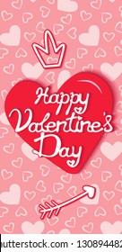 Paper Cut Style Happy Valentine's Day greeting Card illustration. Soaring Red Heart with shadows and handwritten text, crown and arrow with shadows. On the seamless  pattern of light pink hearts.