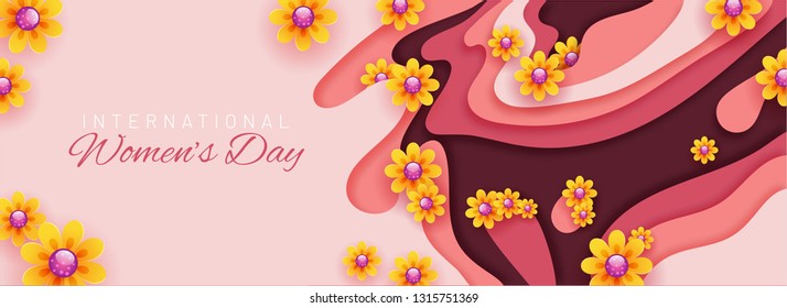 Cabecera de estilo cortado de papel o diseño de banner decorado con flores realistas para el concepto de celebración del Día Internacional de la Mujer.
