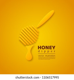 Paper cut style honey dipper. Element for beekeeping and honey product design. Yellow background, vector illustration.