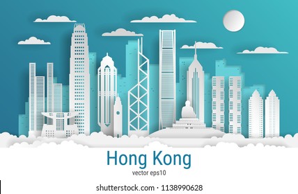 Paper cut style Hong Kong city, white color paper, vector stock illustration. Cityscape with all famous buildings. Skyline Hong Kong city composition for design