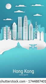 Paper cut style Hong Kong city, white color paper, vector stock illustration. Cityscape with all famous buildings. Skyline Hong Kong city composition for design.