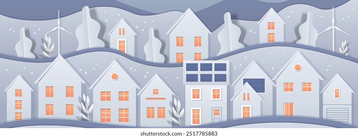 Paper cut style houses renewable energy winter landscape with wind turbines solar panels trees hills snowflakes blue grey tones