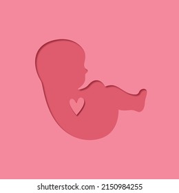 Paper cut style. Human embryo with heart inside. Baby in the womb with love. Stylish logo for a prenatal or reproductive clinic, pregnancy brochure, surrogacy agency. 