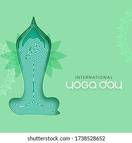 Sentada humana al estilo corte de papel en Lotus Pose sobre fondo verde para el Día Internacional del Yoga.