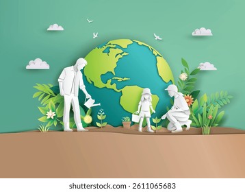 A paper cut style illustration of a family gardening with Earth in the background. Perfect for Earth Day and eco-themed campaigns..