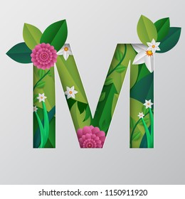 Paper cut style with illustration of M alphabet made by floral design.