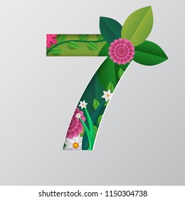 Paper cut style with illustration of number Seven made by floral design.
