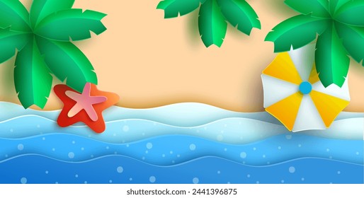 A paper cut style illustration of a summer beach scene with palm trees, a beach umbrella, and a starfish. Vector Illustration.