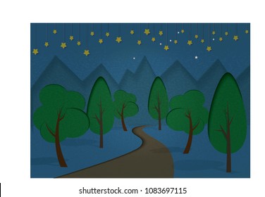 paper cut style illustration, vector night scene of forest and lonely road with mountain and star