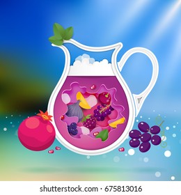 Paper cut style. Illustration with water, island and ray of light. Jug with purple fruits and mint. 