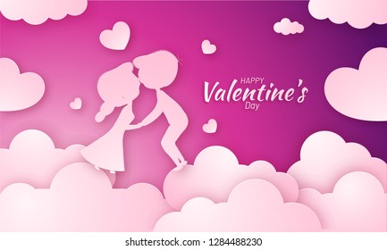 Paper cut style, illustration of young couple fall in love on cloudy purple background. Poster or banner design for Valentine's Day celebration.