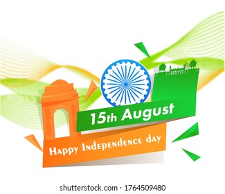 Paper Cut Style India Gate, Red Fort, Ashoka Wheel and Blurred Abstract Motion Wave on White Background for 15th August, Happy Independence Day Celebration.