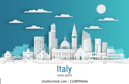 Paper cut style Italy, white color paper, vector stock illustration. Cityscape with all famous buildings. Skyline Italy composition for design