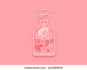 Paper Cut Style Kissing Couple with Hearts in Glass Bottle on Pink Heart Pattern Background.