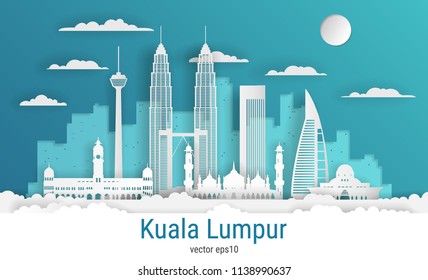 Kuala Lumpur Stadt im Papierschnitt, weißes Papier, Vektorgrafik. Stadtlandschaft mit allen berühmten Gebäuden. Skyline Kuala Lumpur Stadtgestaltung für Design