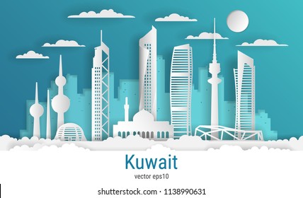 Paper cut style Kuwait city, white color paper, vector stock illustration. Cityscape with all famous buildings. Skyline Kuwait city composition for design