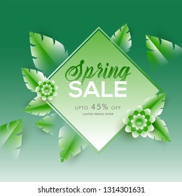 Paper cut style leaves decorated template design for Spring limited time sale with 45% discount offer.