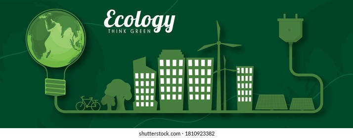 Paper Cut Style Light Bulb Shaped Earth Globe with Electric Plug and Eco City View For Ecology Think Green Concept Based Header Or Banner.