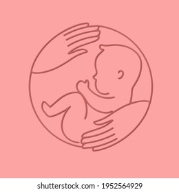 Paper cut style. Logotype with human embryo and caring hands. Baby in the womb. Stylish logo for a prenatal or reproductive clinic, pregnancy brochure, surrogacy agency. Round frame, elegant line icon