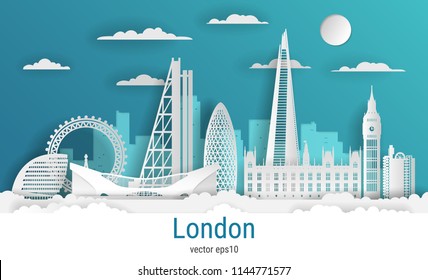 Paper cut style London city, white color paper, vector stock illustration. Cityscape with all famous buildings. Skyline London city composition for design