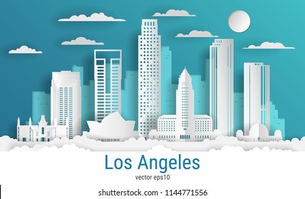 Paper cut style Los Angeles city, white color paper, vector stock illustration. Cityscape with all famous buildings. Skyline Los Angeles city composition for design