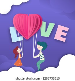 Paper cut style love background with cute couple illustration for Valentine's Day concept.