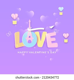 Paper Cut Style Love Font With Eiffel Tower, Plane Ribbon, Heat Shaped Hot Air Balloons On Gradient Purple Background.