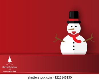 Paper cut style, Merry Christmas and happy new year snowman on red background with copy space ,vector illustration eps10.