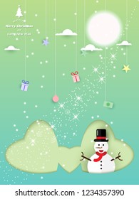Paper cut style, Merry Christmas and happy new year snowman and gift box symbol on green background with copy space ,vector illustration eps10.