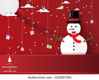 Paper cut style, Merry Christmas and happy new year snowman and gift box symbol on red background with copy space ,vector illustration eps10.