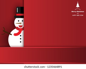 Paper cut style, Merry Christmas and happy new year snowman on red background with copy space ,vector illustration eps10.