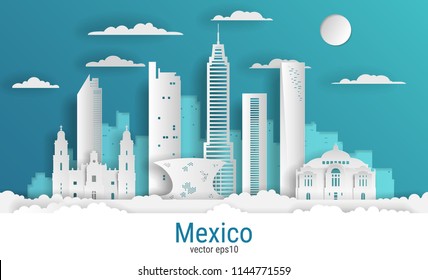 Paper cut style Mexico city, white color paper, vector stock illustration. Cityscape with all famous buildings. Skyline Mexico city composition for design