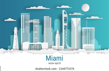 Paper cut style Miami city, white color paper, vector stock illustration. Cityscape with all famous buildings. Skyline Miami city composition for design