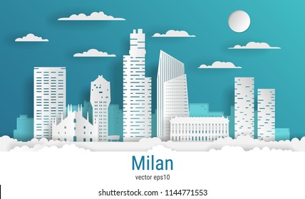 Paper cut style Milan city, white color paper, vector stock illustration. Cityscape with all famous buildings. Skyline Milan city composition for design