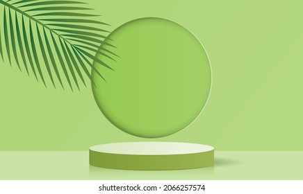 Paper cut style of minimal green color cylinder podium for products display presentation. Vector illustration