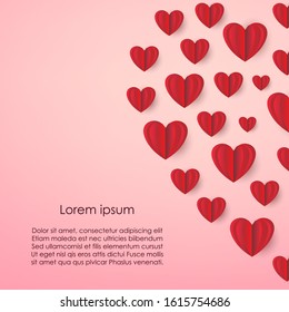 Paper cut style. Minimal red heart on pink template