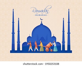Paper Cut Style Mosque Background With Islamic Pattern And Muslim Men Beating Tabuh Bedug (Drum) On The Occasion Of Ramadan Mubarak.
