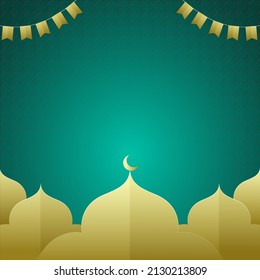 Paper Cut Style Mosque And Bunting Flags On Teal Clover Pattern Background And Given Space For Text Your Message.